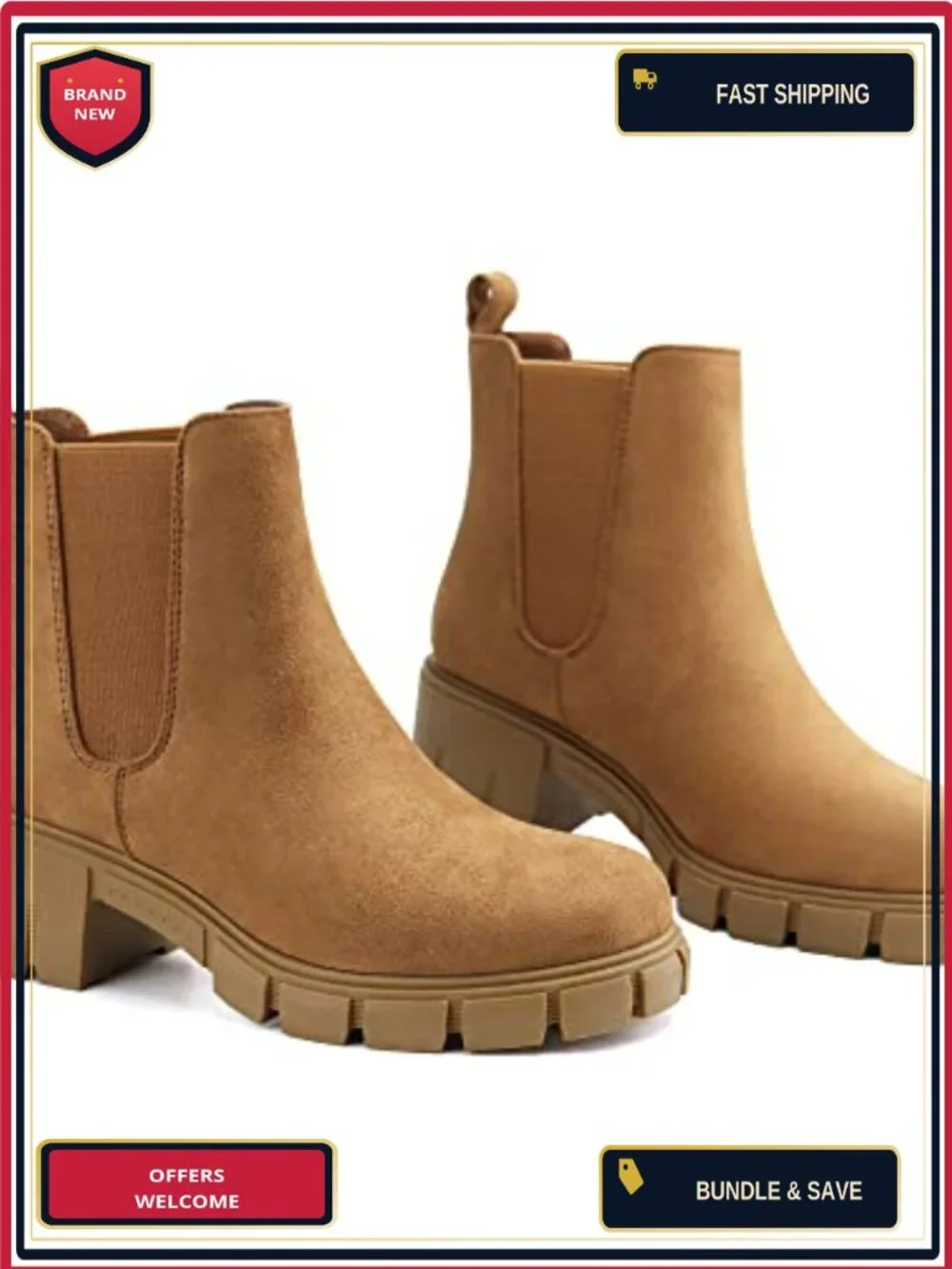 Women Platform Chelsea Ankle Boots Chunky Heel Faux Leather Round Toe